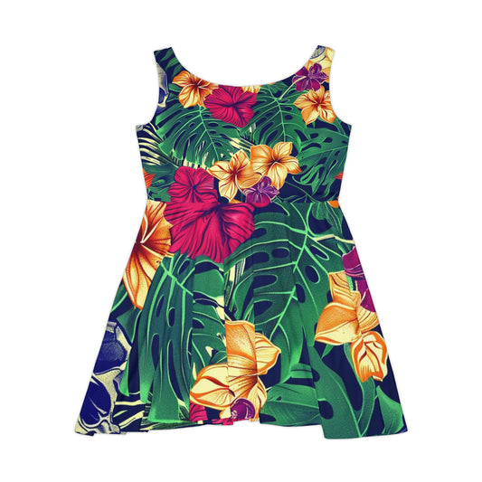 Tropical Skull Floral Skater Dress — Hawaiian Hibiscus & Monstera All-Over Print