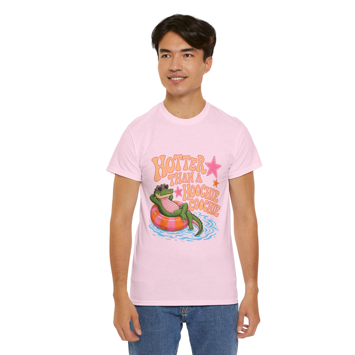 Graphic Tee — "Hotter Than a Hoochie Coochie" Alligator Pool Float Shirt