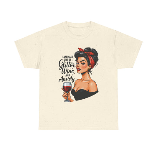 Wine & Anxiety Graphic Tee — Retro Pinup Woman Holding Wine Glass