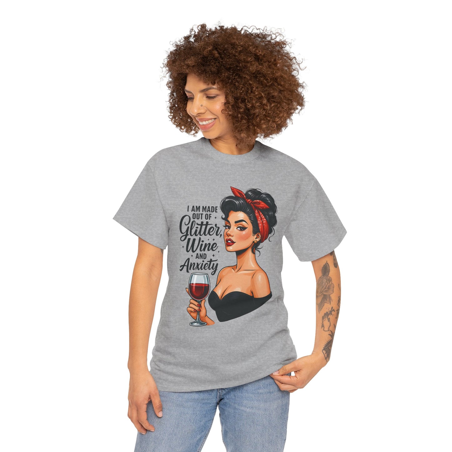 Wine & Anxiety Graphic Tee — Retro Pinup Woman Holding Wine Glass