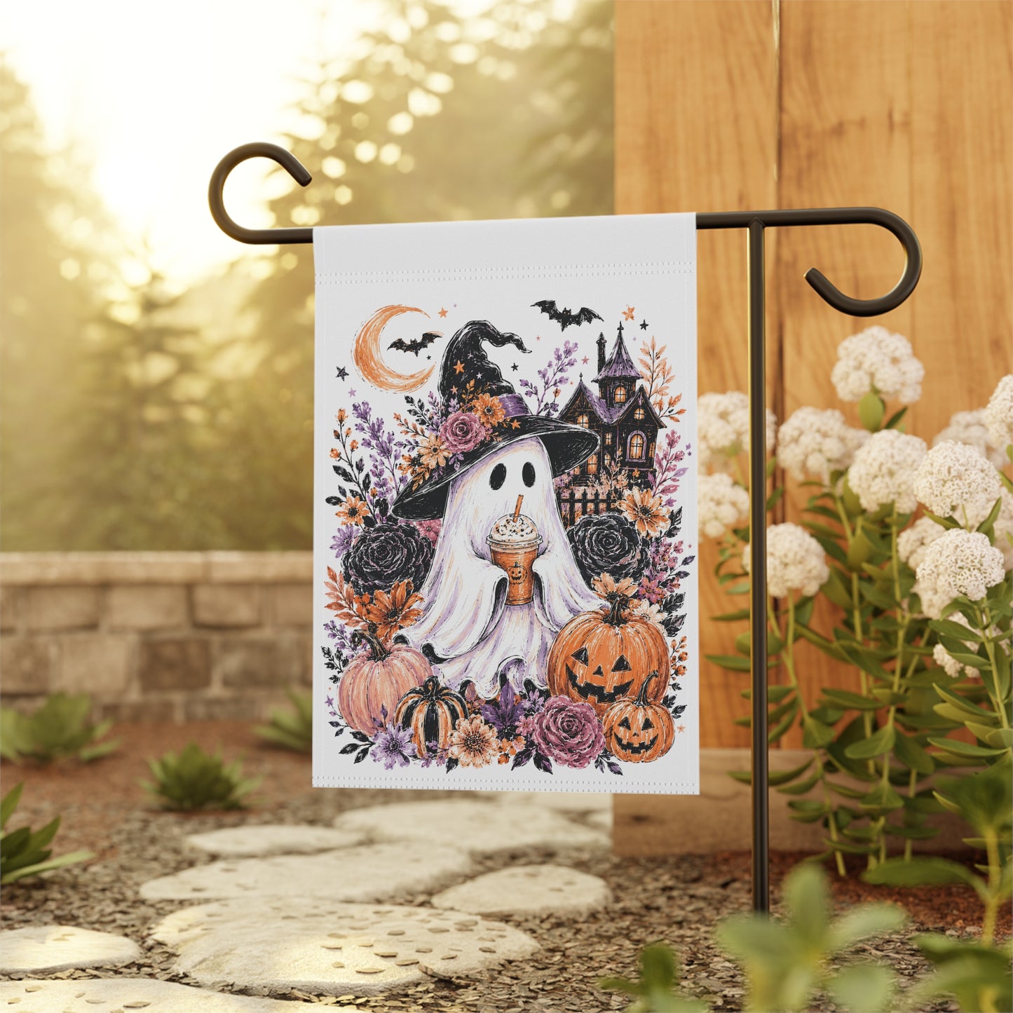 Halloween Ghost Garden Flag — Witch Hat Ghost with Pumpkins & Haunted House Garden Banner