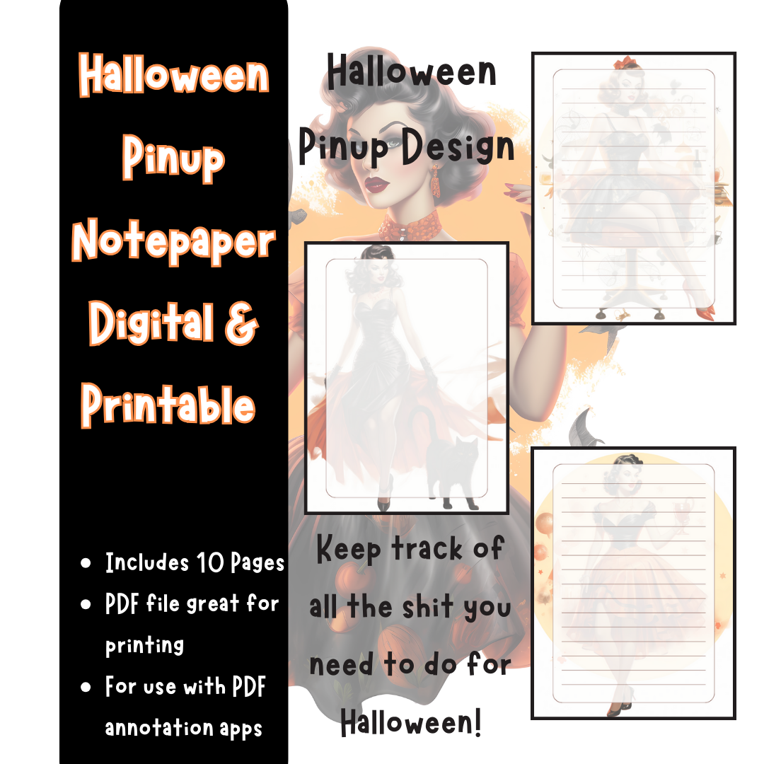 Promotional image for Halloween Pinup Notepaper, featuring a vintage-style illustration of a female character in a Halloween costume, with text detailing the product's features, including 10 pages of digital and printable notepaper with a PDF download.