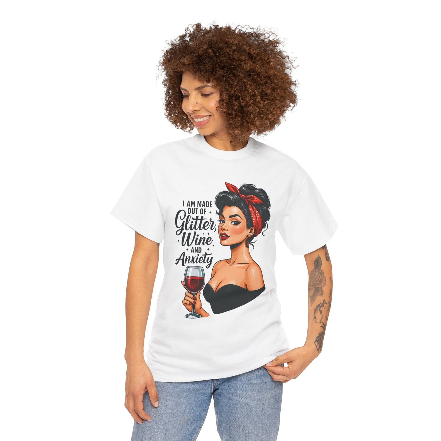 Wine & Anxiety Graphic Tee — Retro Pinup Woman Holding Wine Glass