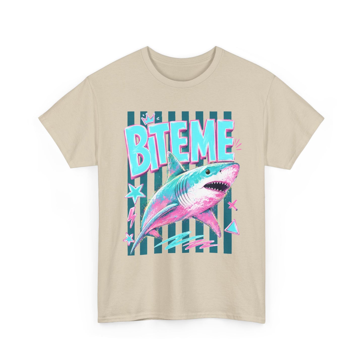 Shark 'Bite Me' Graphic Tee — Retro Neon Coastal Surf T-Shirt