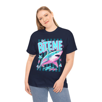 Shark 'Bite Me' Graphic Tee — Retro Neon Coastal Surf T-Shirt