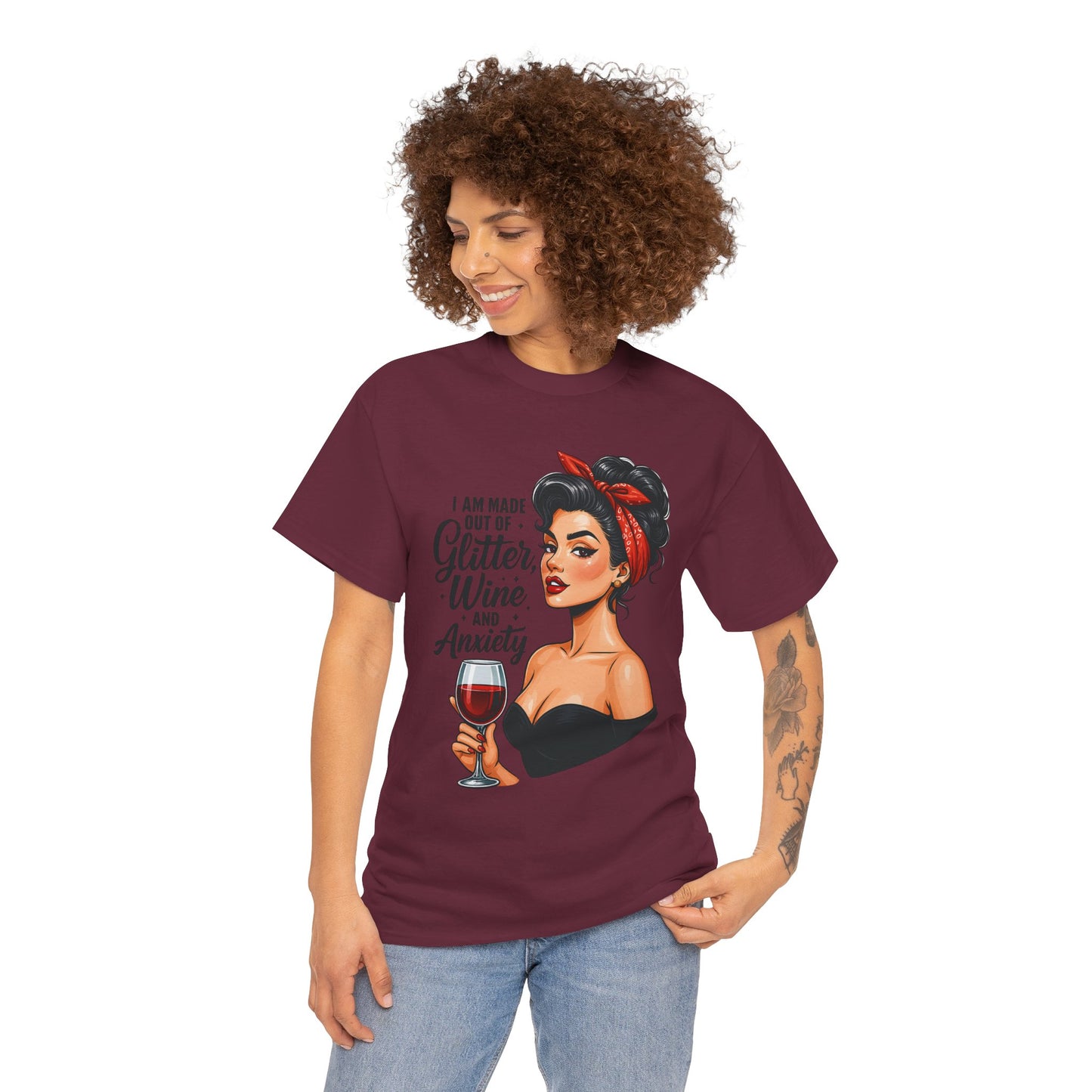 Wine & Anxiety Graphic Tee — Retro Pinup Woman Holding Wine Glass