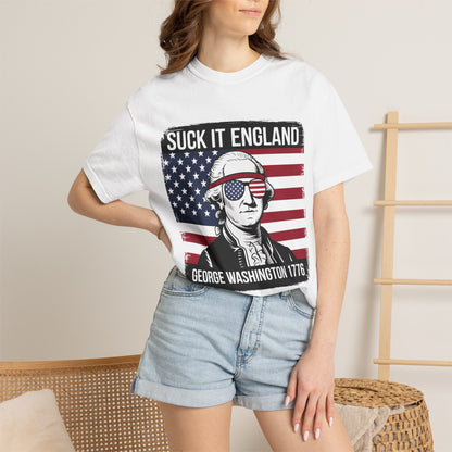 Patriotic Graphic T-Shirt — 'Suck It England' George Washington 1776 Flag Tee