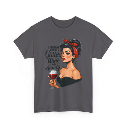 Wine & Anxiety Graphic Tee — Retro Pinup Woman Holding Wine Glass