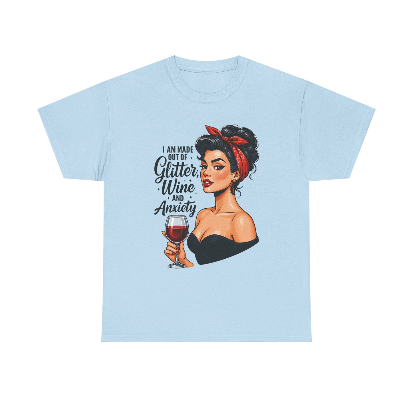 Wine & Anxiety Graphic Tee — Retro Pinup Woman Holding Wine Glass