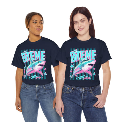 Shark 'Bite Me' Graphic Tee — Retro Neon Coastal Surf T-Shirt