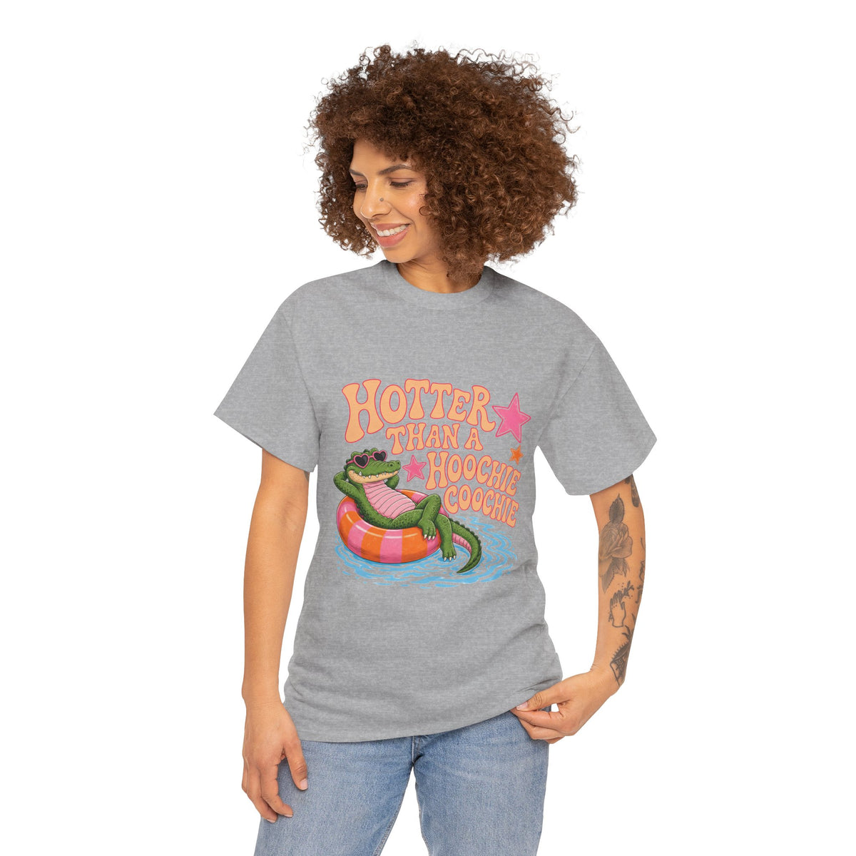 Graphic Tee — "Hotter Than a Hoochie Coochie" Alligator Pool Float Shirt