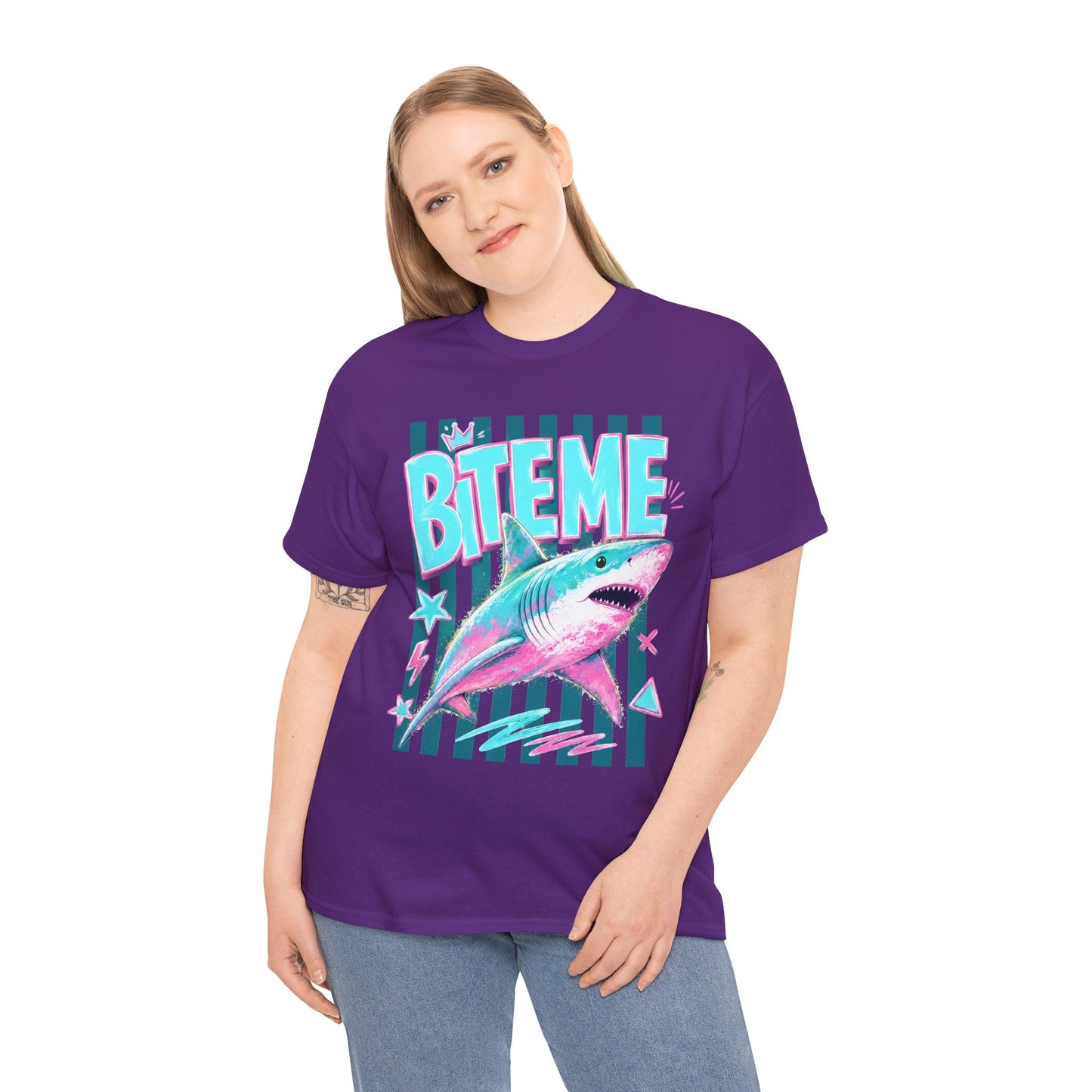 Shark 'Bite Me' Graphic Tee — Retro Neon Coastal Surf T-Shirt