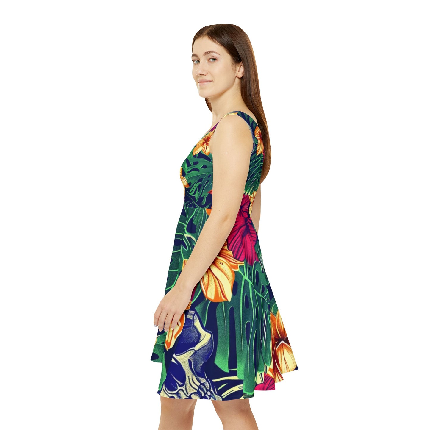 Tropical Skull Floral Skater Dress — Hawaiian Hibiscus & Monstera All-Over Print