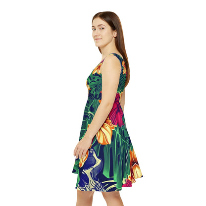 Tropical Skull Floral Skater Dress — Hawaiian Hibiscus & Monstera All-Over Print