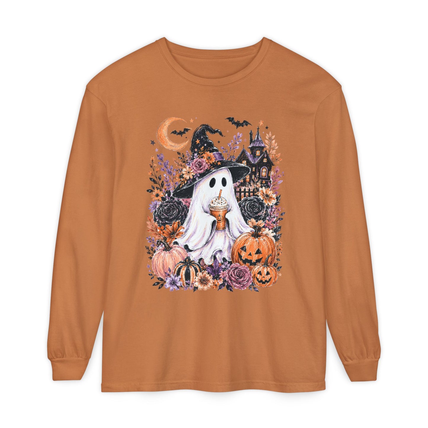 Cute Halloween Ghost Long Sleeve T-Shirt – Pumpkin & Haunted House Graphic