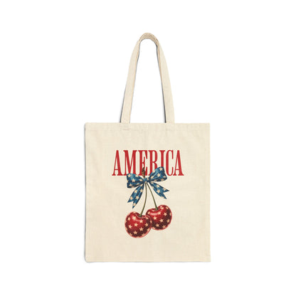 America Cherry Canvas Tote Bag — Patriotic USA Flag Bow Grocery Tote