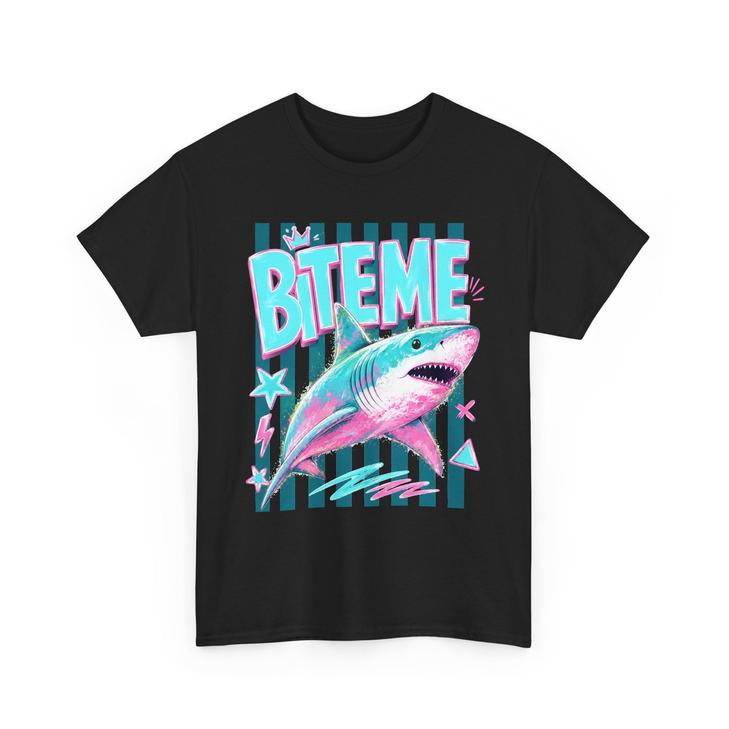Shark 'Bite Me' Graphic Tee — Retro Neon Coastal Surf T-Shirt