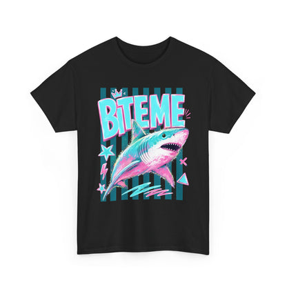 Shark 'Bite Me' Graphic Tee — Retro Neon Coastal Surf T-Shirt