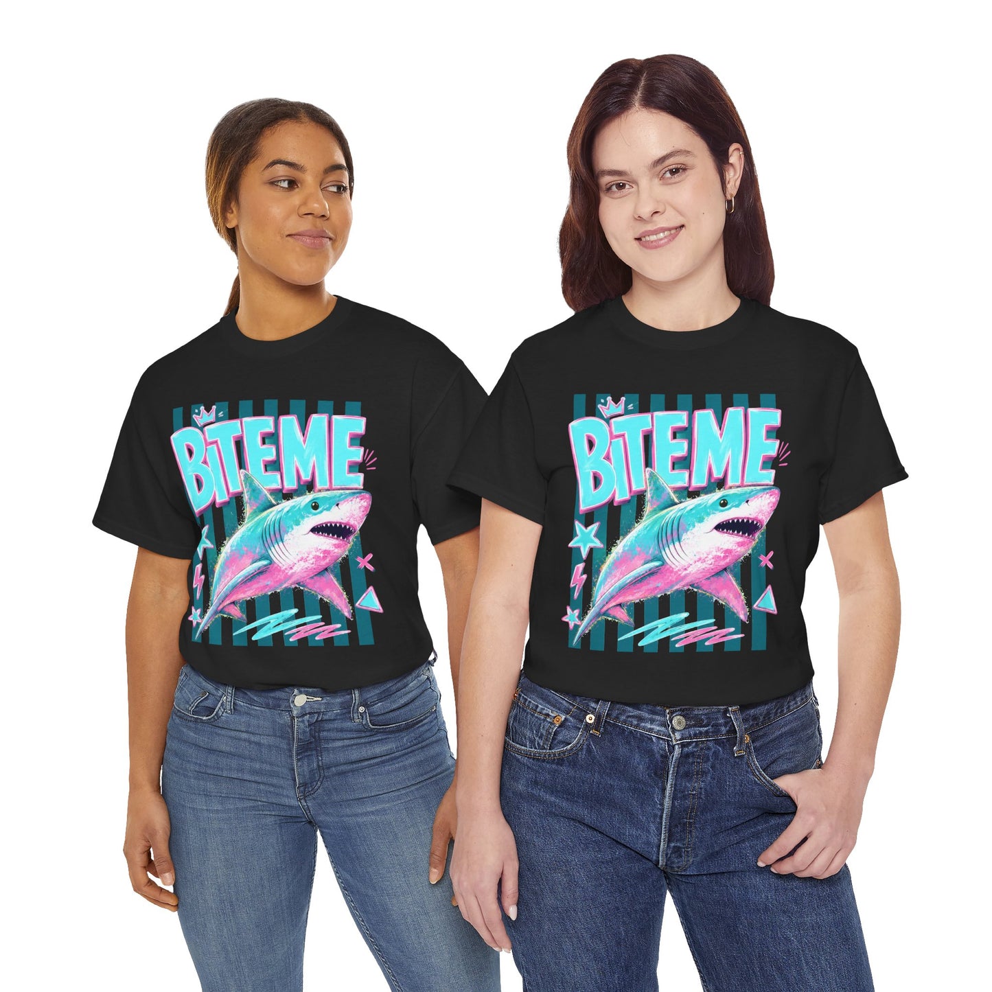 Shark 'Bite Me' Graphic Tee — Retro Neon Coastal Surf T-Shirt