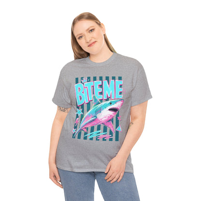 Shark 'Bite Me' Graphic Tee — Retro Neon Coastal Surf T-Shirt