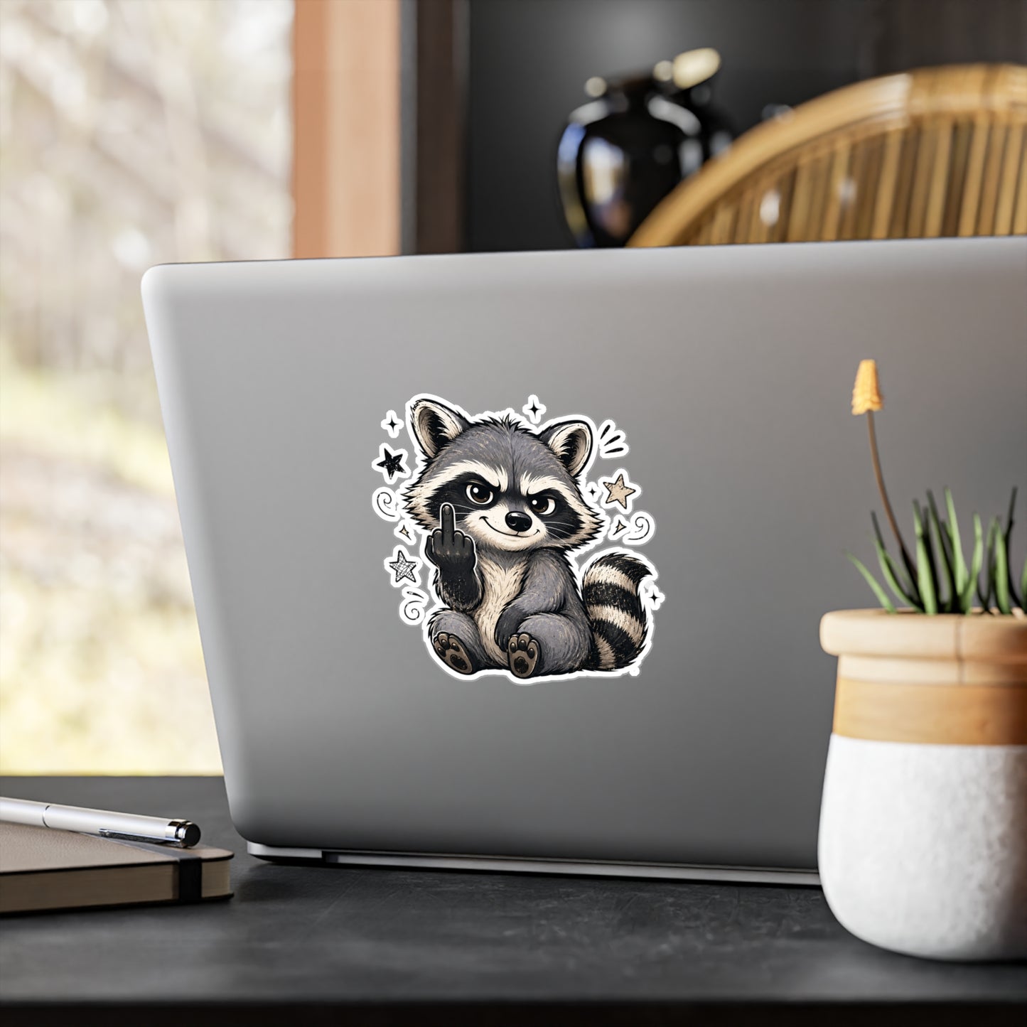 Rude Raccoon Kiss-Cut Vinyl Sticker — Sassy Middle Finger Decal for Laptop, Water Bottle, Car