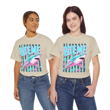 Shark 'Bite Me' Graphic Tee — Retro Neon Coastal Surf T-Shirt