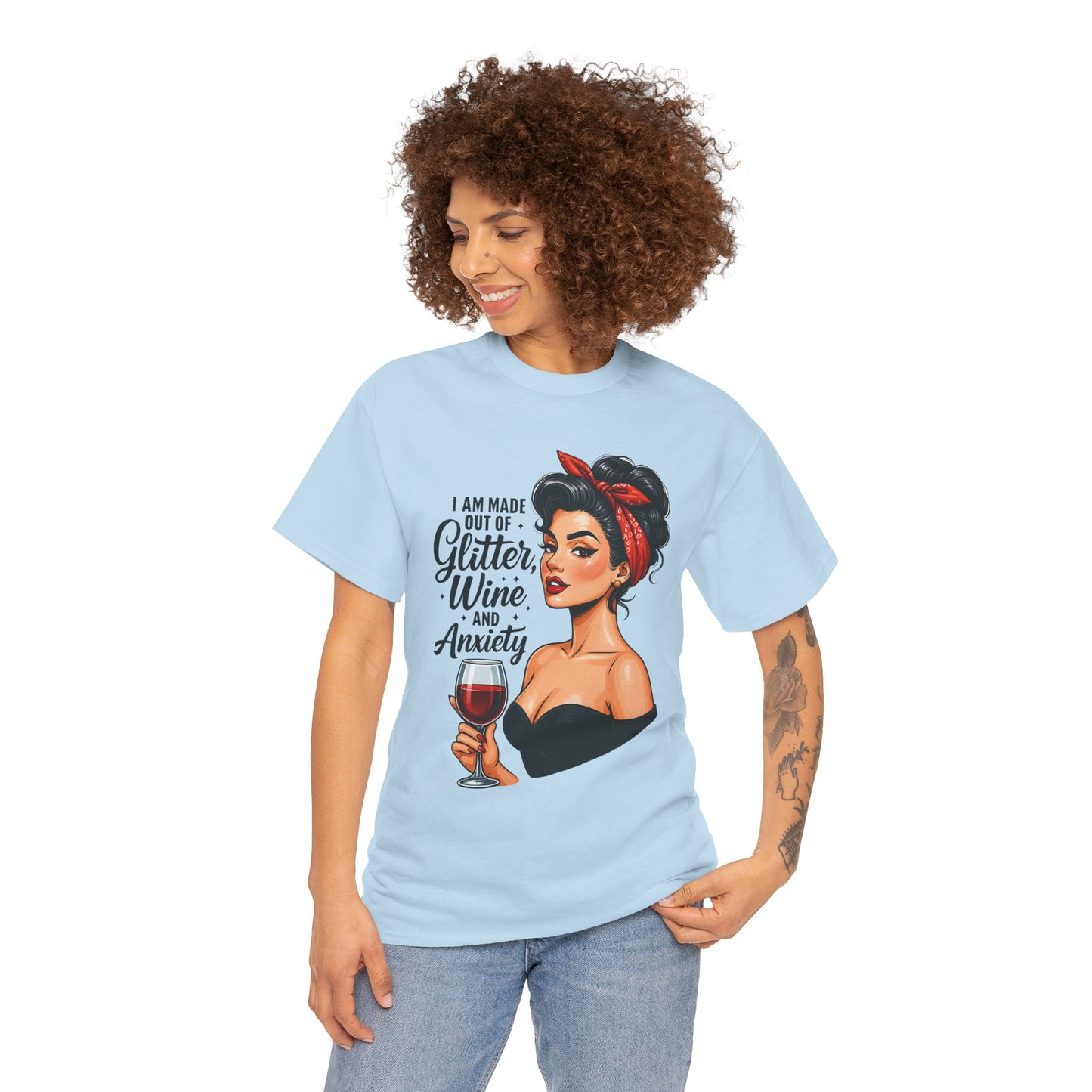 Wine & Anxiety Graphic Tee — Retro Pinup Woman Holding Wine Glass