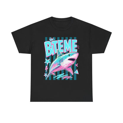 Shark 'Bite Me' Graphic Tee — Retro Neon Coastal Surf T-Shirt