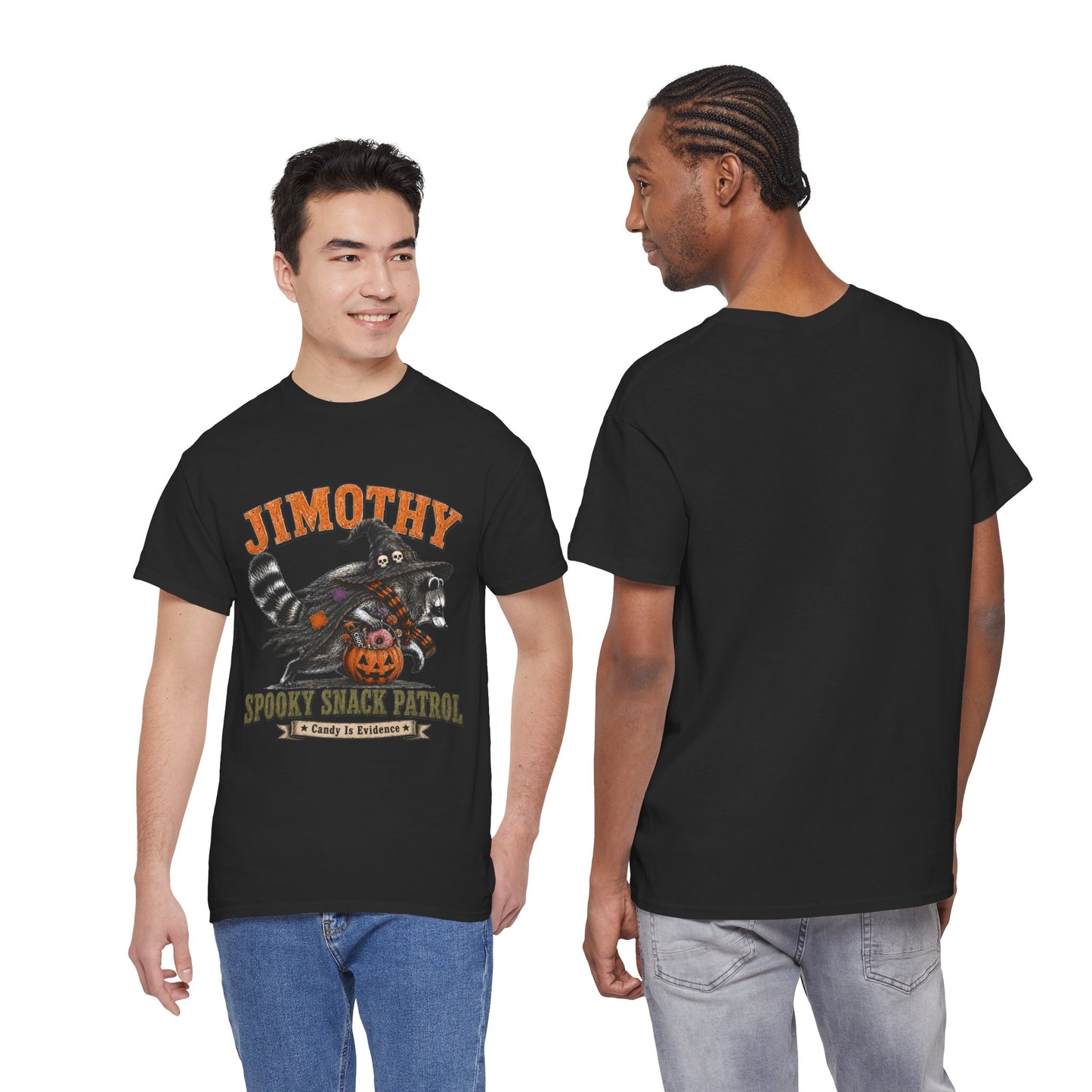 Halloween Racoon Tee — “Jimothy Spooky Snack Patrol” Graphic Shirt