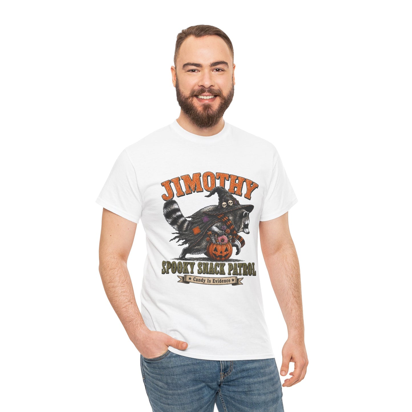 Halloween Racoon Tee — “Jimothy Spooky Snack Patrol” Graphic Shirt