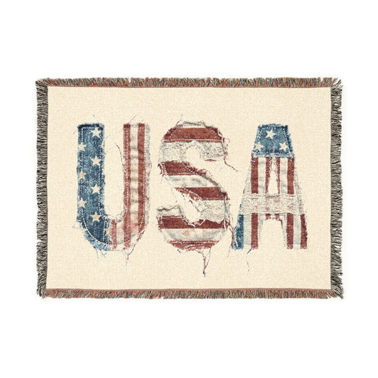 USA Flag Woven Blanket — Distressed Patriotic Throw Blanket