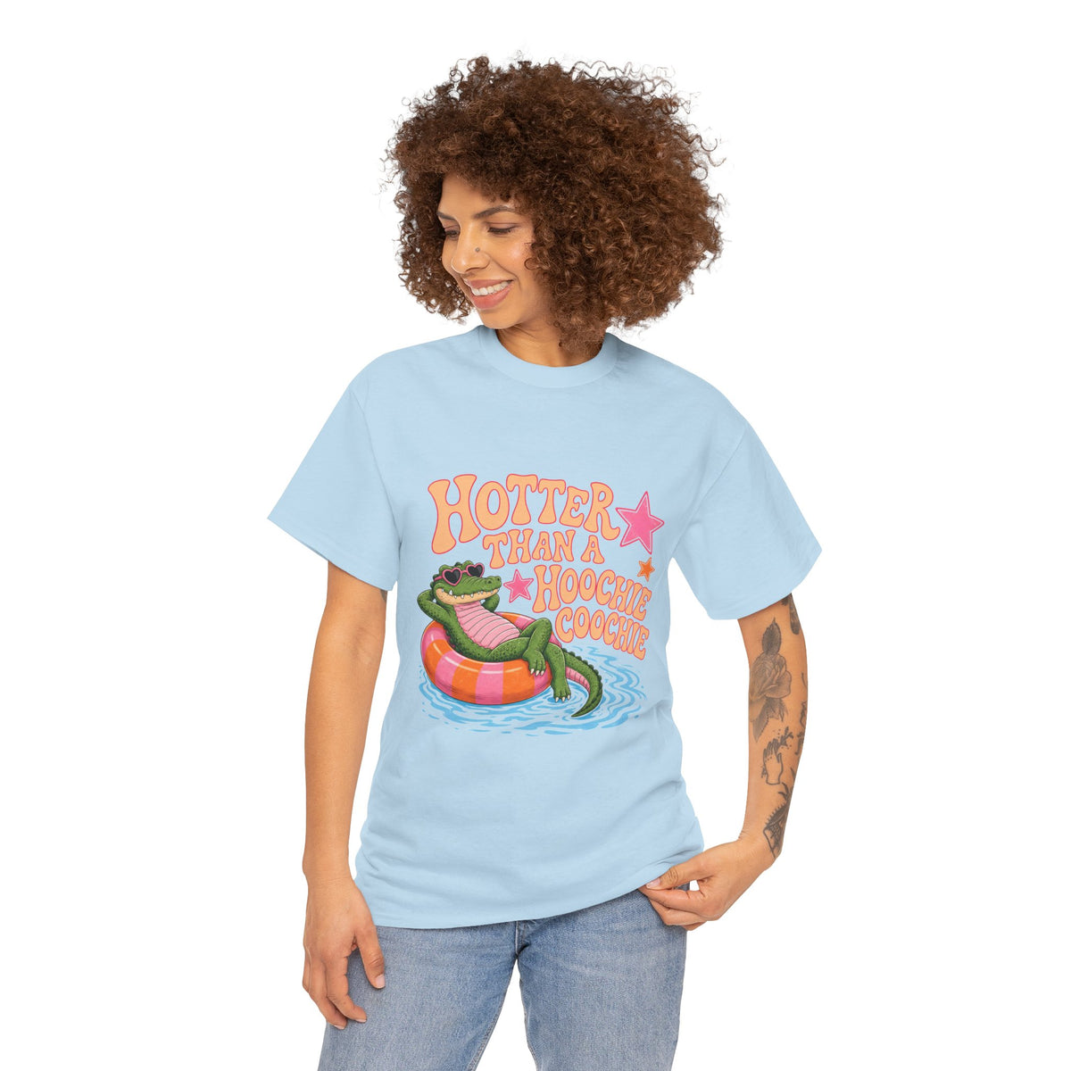Graphic Tee — "Hotter Than a Hoochie Coochie" Alligator Pool Float Shirt