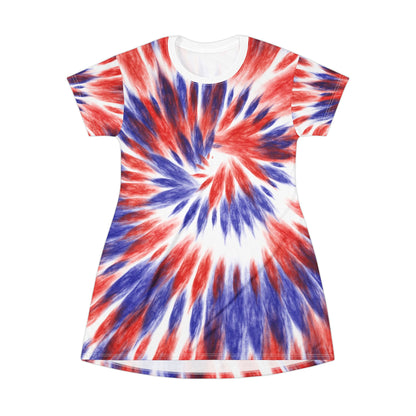 Tie-Dye Patriotic T-Shirt Dress — Red White & Blue Spiral All-Over Print