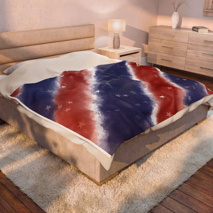 American Stars Velveteen Plush Blanket — Patriotic Red White & Blue Throw