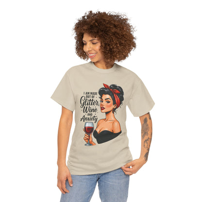 Wine & Anxiety Graphic Tee — Retro Pinup Woman Holding Wine Glass