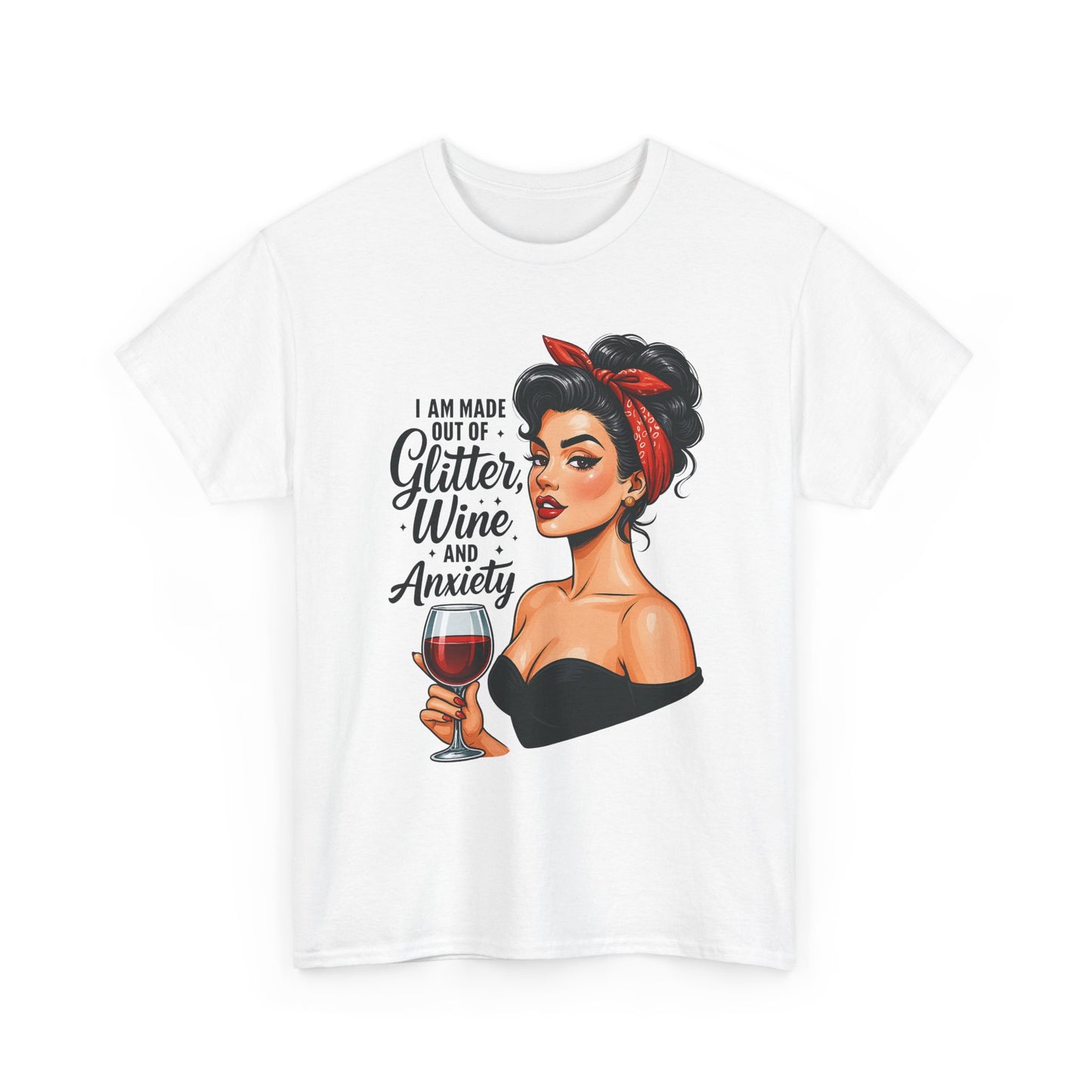 Wine & Anxiety Graphic Tee — Retro Pinup Woman Holding Wine Glass