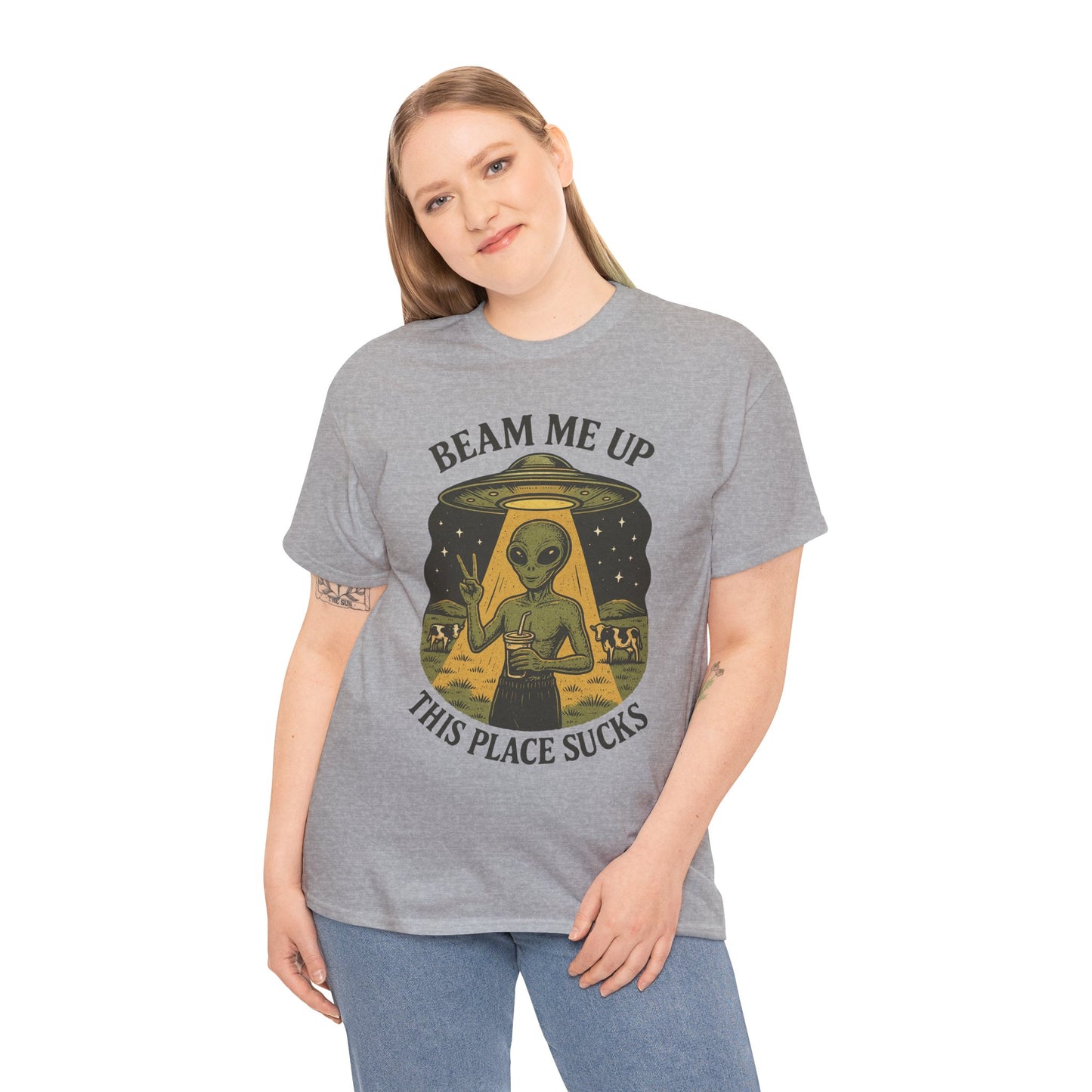 Alien Graphic Tee — "Beam Me Up, This Place Sucks" Funny UFO T-Shirt