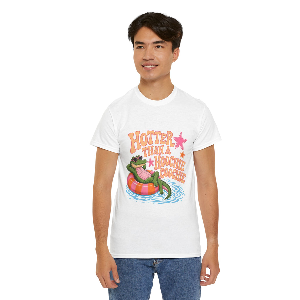Graphic Tee — "Hotter Than a Hoochie Coochie" Alligator Pool Float Shirt