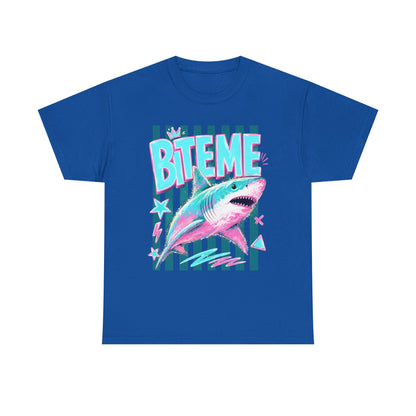 Shark 'Bite Me' Graphic Tee — Retro Neon Coastal Surf T-Shirt