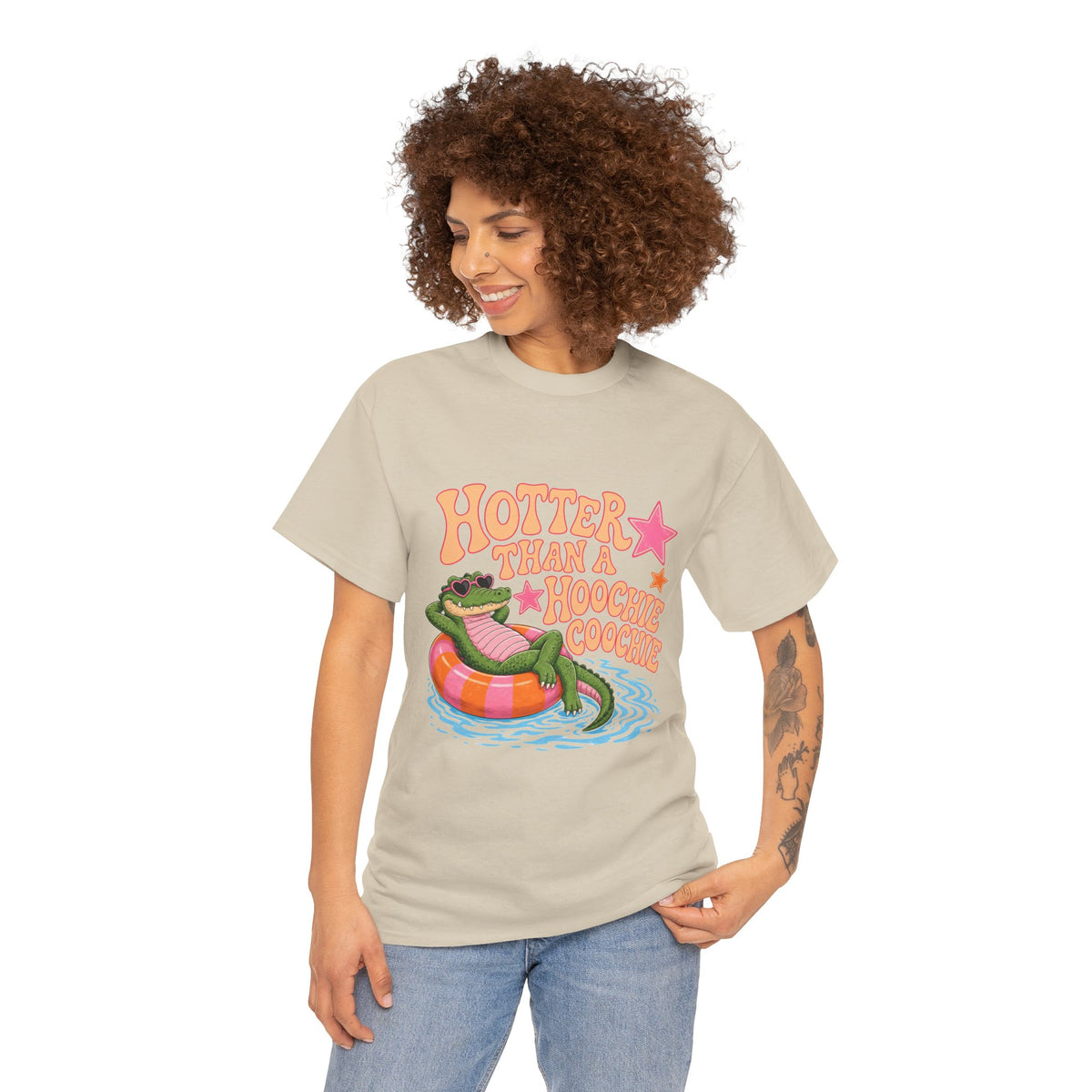 Graphic Tee — "Hotter Than a Hoochie Coochie" Alligator Pool Float Shirt