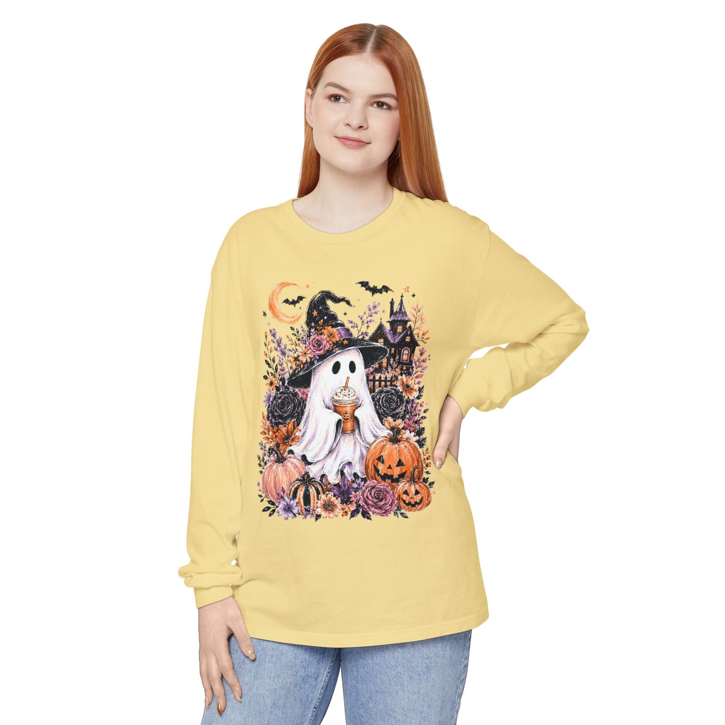 Cute Halloween Ghost Long Sleeve T-Shirt – Pumpkin & Haunted House Graphic