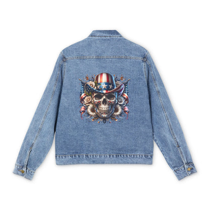 Denim Jacket with Patriotic Skull Back Graphic – American Flag Cowboy Skull Design