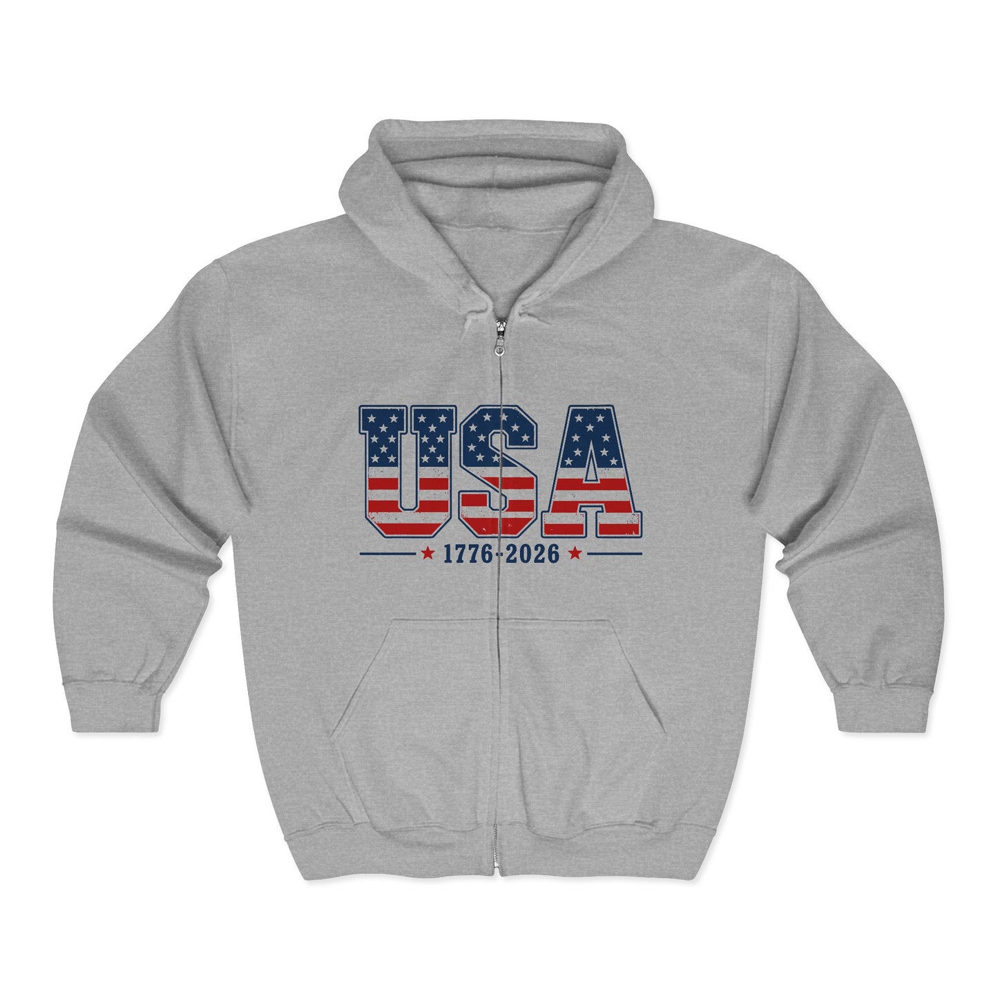 USA 1776-2026 Flag Zip Hoodie — Patriotic American Full-Zip Sweatshirt
