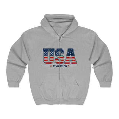 USA 1776-2026 Flag Zip Hoodie — Patriotic American Full-Zip Sweatshirt