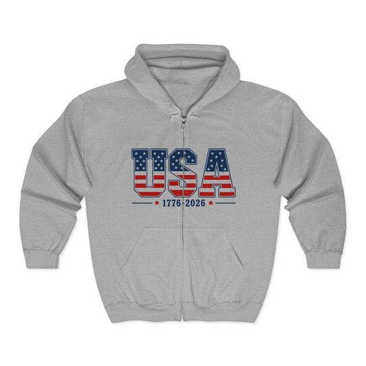USA 1776-2026 Flag Zip Hoodie — Patriotic American Full-Zip Sweatshirt