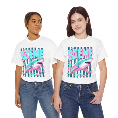Shark 'Bite Me' Graphic Tee — Retro Neon Coastal Surf T-Shirt
