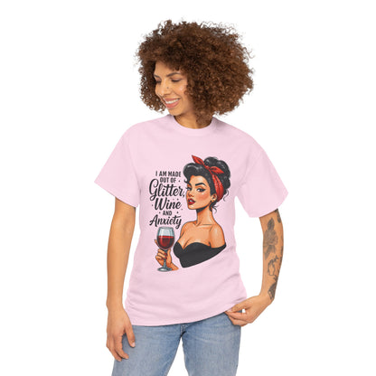 Wine & Anxiety Graphic Tee — Retro Pinup Woman Holding Wine Glass
