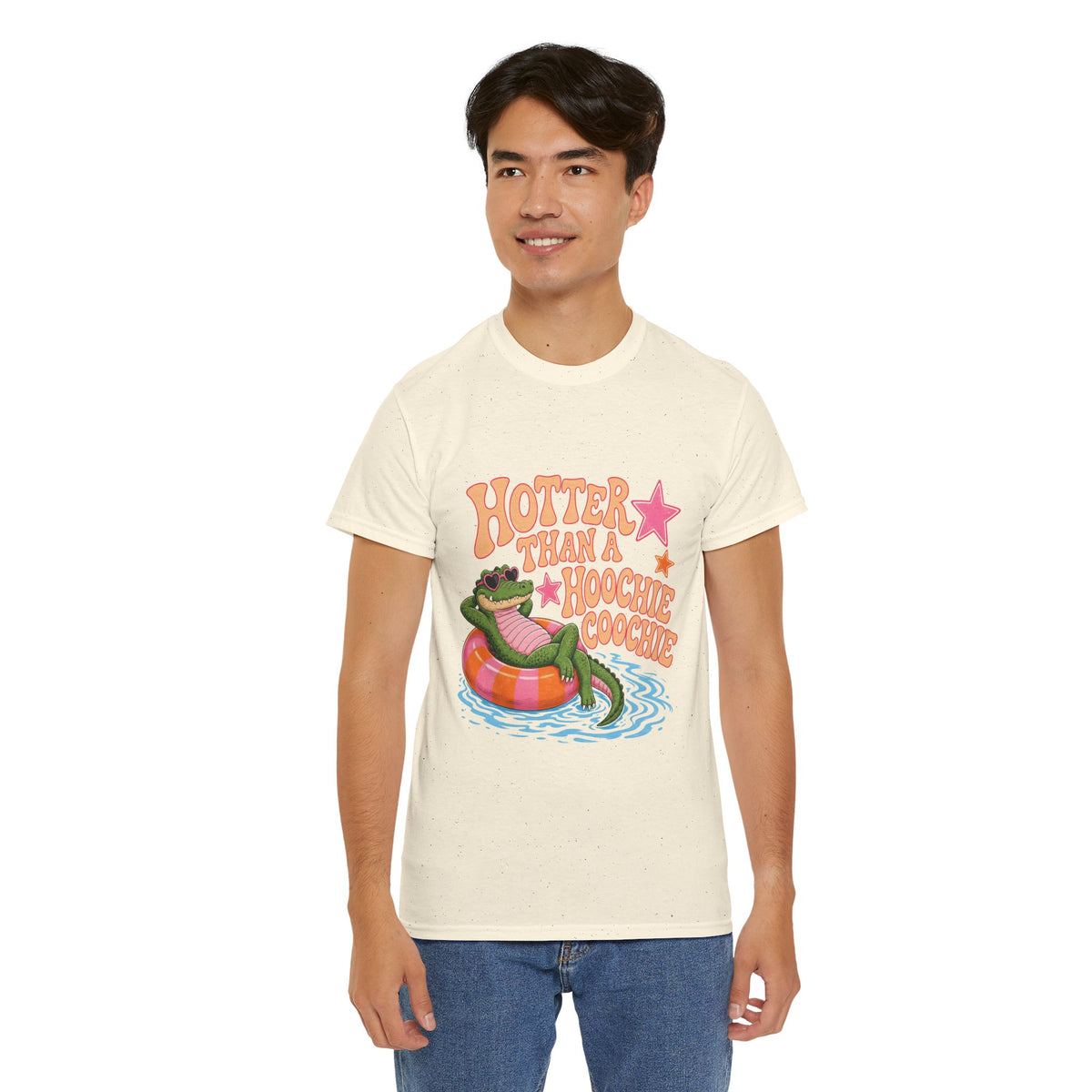 Graphic Tee — "Hotter Than a Hoochie Coochie" Alligator Pool Float Shirt