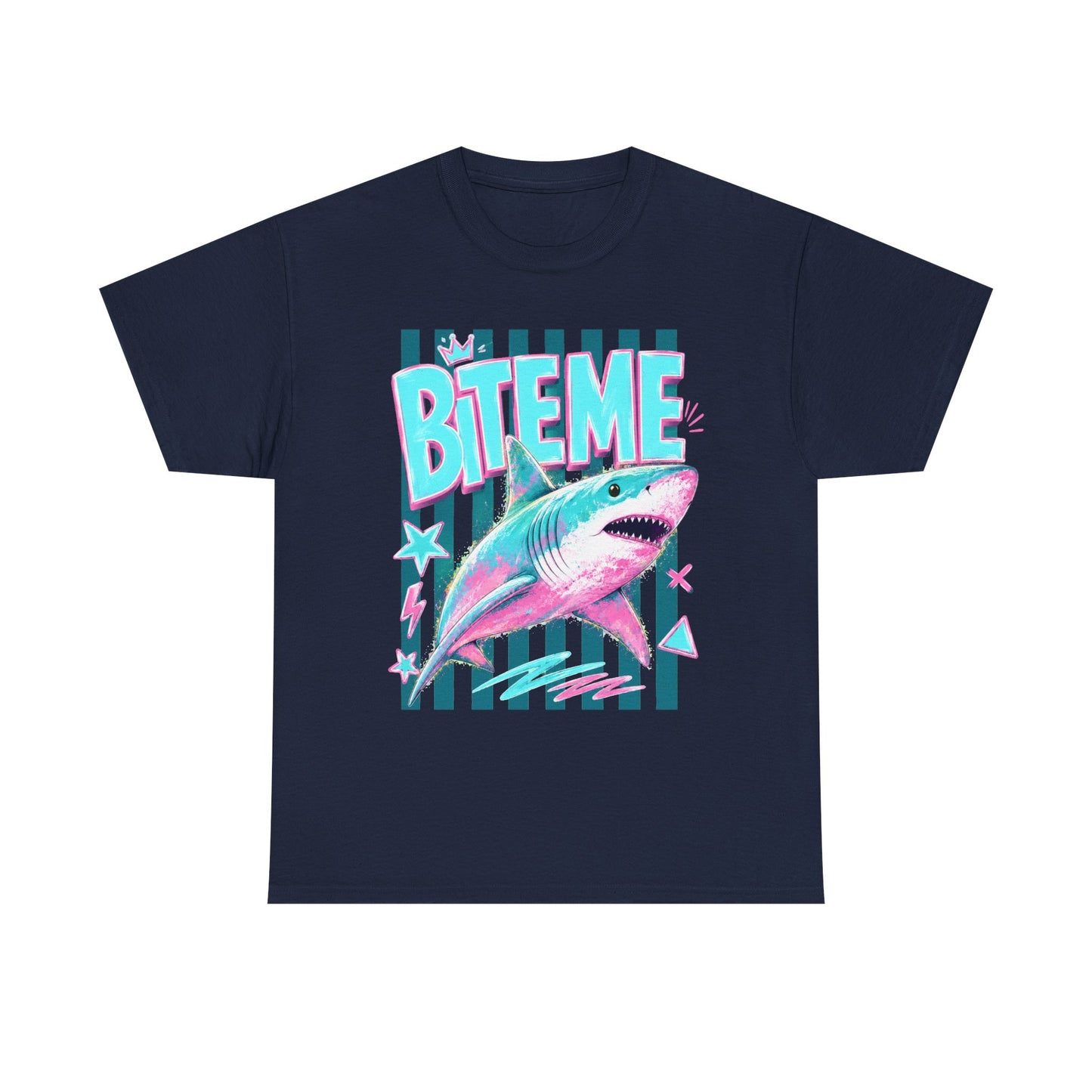 Shark 'Bite Me' Graphic Tee — Retro Neon Coastal Surf T-Shirt