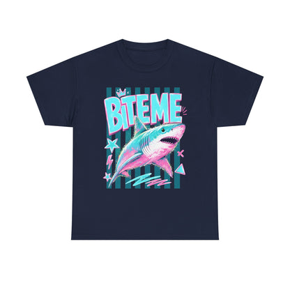 Shark 'Bite Me' Graphic Tee — Retro Neon Coastal Surf T-Shirt